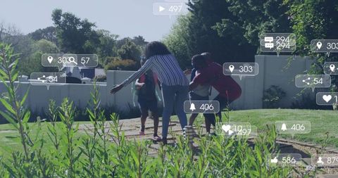 Family bonding on backyard stepping stones with social media engagement overlay