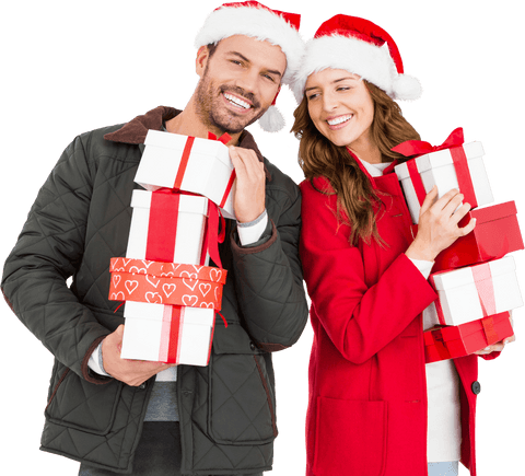 Joyful Couple with Christmas Gifts on Transparent Background