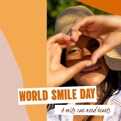 smiling woman celebrating world smile day with heart gesture - Download Free Stock Templates Pikwizard.com