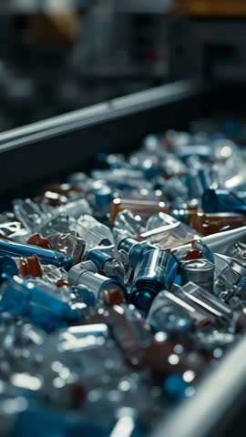 Vertical conveyor moving colored vials through automated pharmaceutical production line