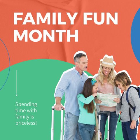 promotional poster celebrating family fun month with happy family - Download Free Stock Templates Pikwizard.com