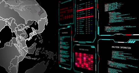 Futuristic Cyber Operations Dashboard Showing Eastern Hemisphere and Data Analysis
