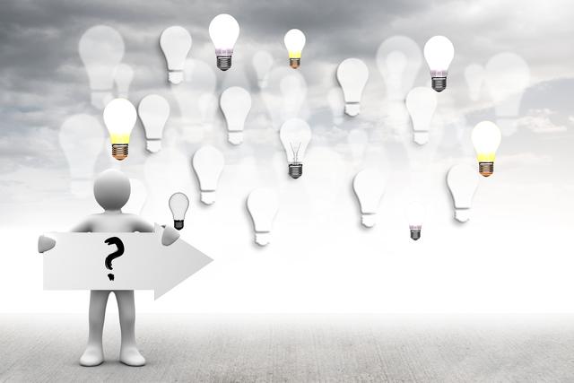 Conceptual image illustrating creativity and innovation. Perfect for presentations or articles discussing idea generation, brainstorming, or problem-solving. The presence of light bulbs symbolizes new ideas while the figure holding a question mark sign represents inquiry and curiosity.