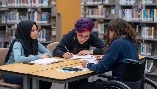 Diverse student trio studying together in library