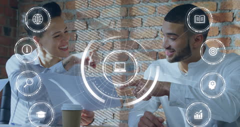 Diverse Team Celebrating Digital Business Success with Icons