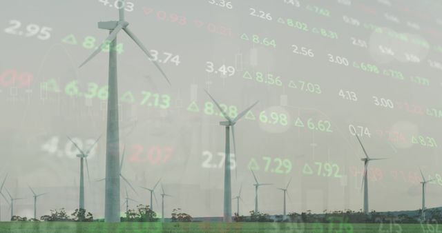 Image of stock market data processing over spinning windmills on grassland against grey sky. Global economy and renewable energy technology concept
