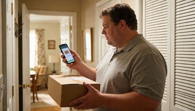 Middle-aged man holding parcel and checking smartphone while standing in home hallway