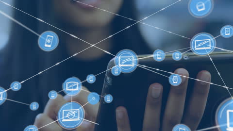 Digital Networking Icon Overlay with Businesswoman Using Tablet