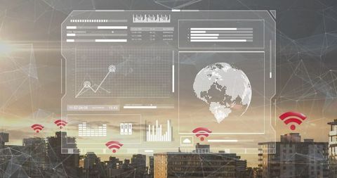 Futuristic hud with graphs and wi-fi icons above urban skyline