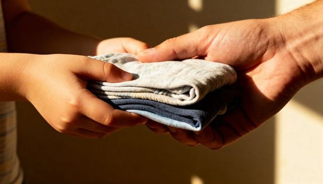 Child and parent exchanging folded baby clothes by sunlit wall, hands passing warmth
