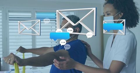 Man Stretching with Resistance Band in Clinic with Digital Interaction Overlay