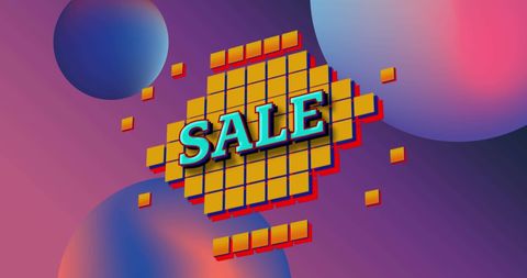 Retro sale sign with pixel squares and gradient background
