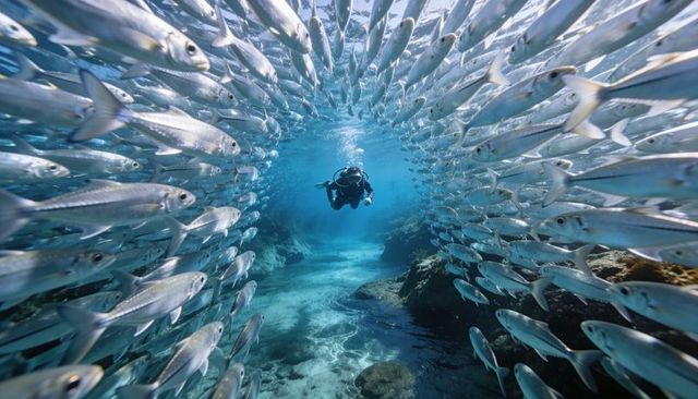Scuba diver swimming through silvery fish tunnel over coral seafloor blue ocean adventure