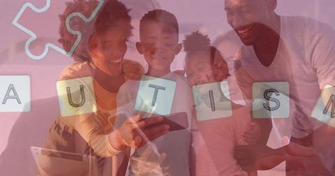 Diverse family celebrating autism awareness with technology