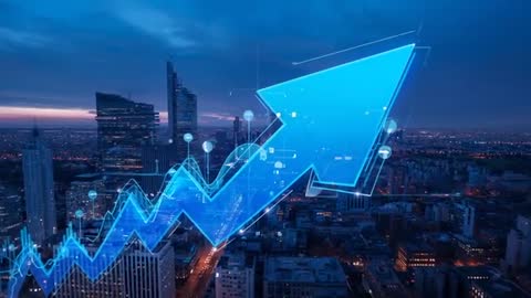 Rising Digital Data Line Graph over Cityscape Skyline at Dusk