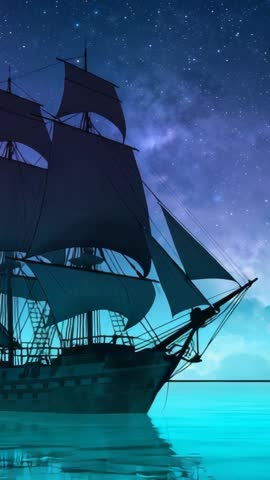 Vertical cinematic pan revealing tall ship sailing under Milky Way with serene sea reflection