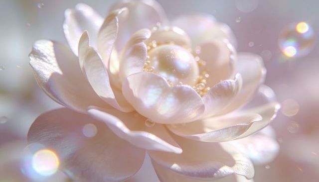 Shimmering pearl-center bloom with dewy satin petals for romantic pastel macro background