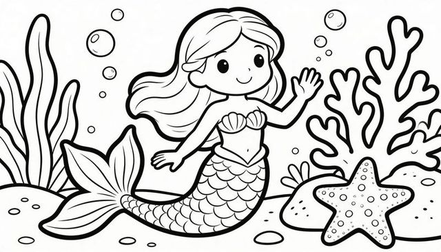 Childlike mermaid waving underwater coloring page sea star seaweed scaly tail line art