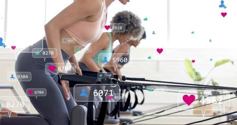 Pilates reformer class with women doing resistance training and social media overlays