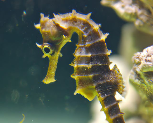 Detailed image of a leafy sea dragon in its underwater habitat. Ideal for educational materials on marine biology, ocean life documentaries, aquarium promotions, and conservation awareness campaigns highlighting exotic marine animals.
