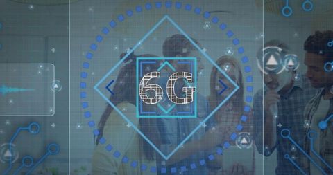 Research team analyzing holographic 6g display in high-tech lab