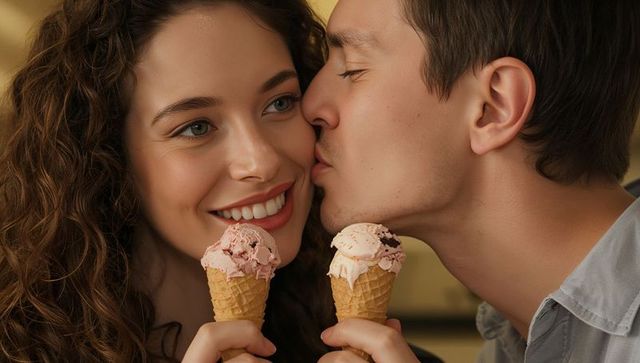 Couple sharing ice cream and kissing in cozy kitchen, smiling woman holding cones warmly