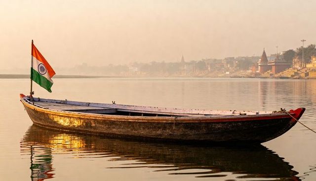 Tranquil wooden boat floating at dawn on indian river with indian flag reflecting ashoka chakra