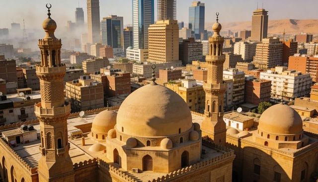 Golden light bathing historic mosque domes and minarets with modern city skyline backdrop