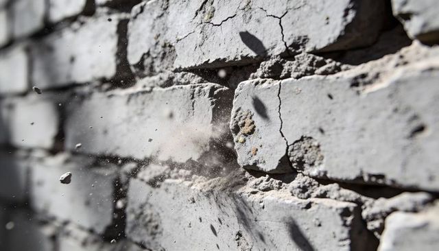 Sunlit cracking brick wall ejecting paint chips and dust closeup texture