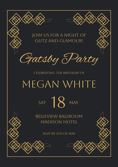 Gatsby Party Invitation with Gold Ornaments on Black Background - Download Free Stock Templates Pikwizard.com