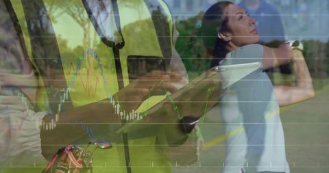 Female golfer swinging with data overlay, field inspector holding tablet, sports analytics