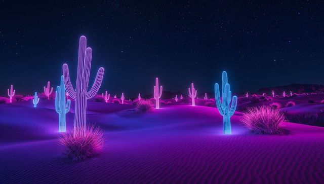 Surreal Neon Cactus Illuminating Desert Nightscape
