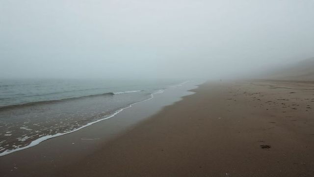 Tranquil foggy beach with gentle waves and sandy shoreline