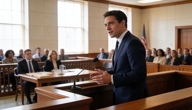 Confident attorney addressing jury at wooden lectern in courtroom during trial with microphone