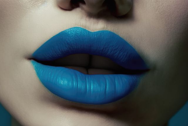 Close-up image shows a woman's lips adorned in bright blue lipstick, highlighting the texture and vibrancy. This can be used in beauty, fashion, and makeup industry materials, advertisements, blog posts, and promotional content to emphasize creativity and bold beauty trends.