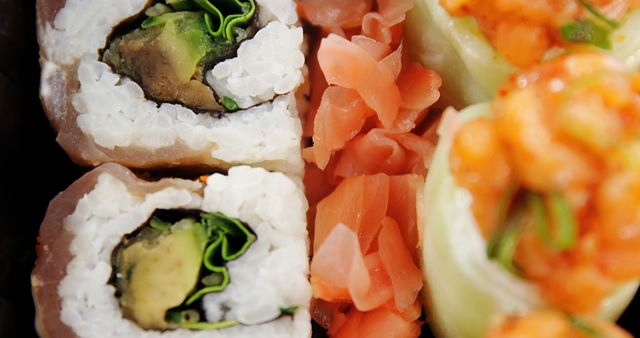 A close-up view of a sushi roll with avocado and pickled ginger on the side, showcasing the details of Japanese cuisine. Sushi's popularity as a global food trend is evident in the meticulous presentation and vibrant colors.
