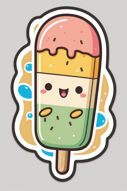 Composition of colorful kawaii cartoon ice-cream sticker on grey background. Stickers and pattern concept digitally generated image.