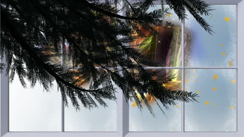 Festive Fir Tree Frame Over Santa's Sleigh and Stars