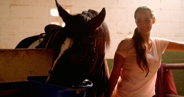 Woman Feeding Horse in Stable - Download Free Stock Images Pikwizard.com