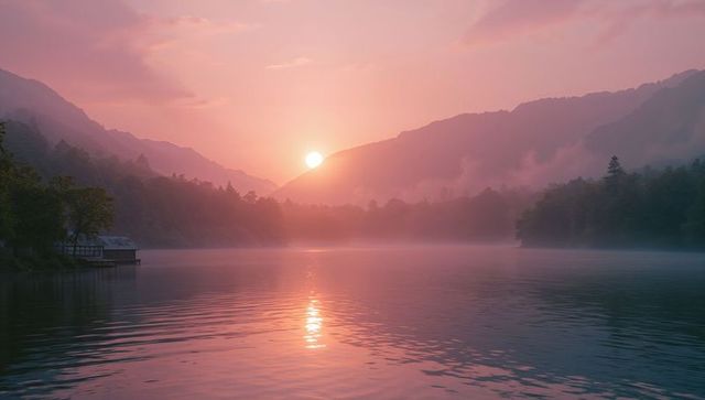 Serene sunrise reflection over mountain lake with boathouse