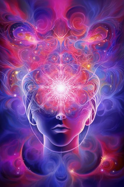 Depicting a human face enveloped in vibrant, colorful energy, this image can illustrate concepts of spirituality, mysticism, and consciousness. The intricate patterns and glowing aura evoke thoughts of imagination and the inner mind, making it ideal for use in meditation guides, spiritual artwork, and creative projects exploring abstract themes.