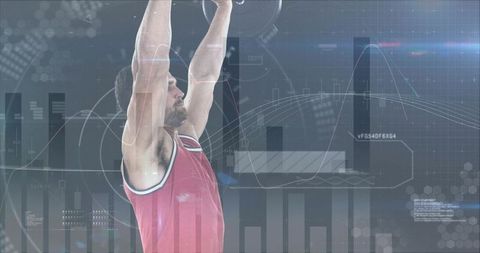 Lifting kettlebell overhead with futuristic hud data overlays for performance analytics