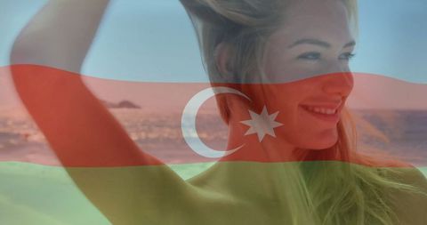 Smiling Woman on Beach with Azerbaijan Flag Overlay
