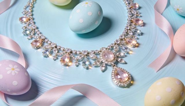 Pastel gemstone necklace with teardrop pendant and polka-dot easter eggs on blue platter