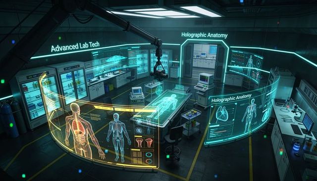 Futuristic medical lab projecting holographic anatomy with robotic gantry and exam table