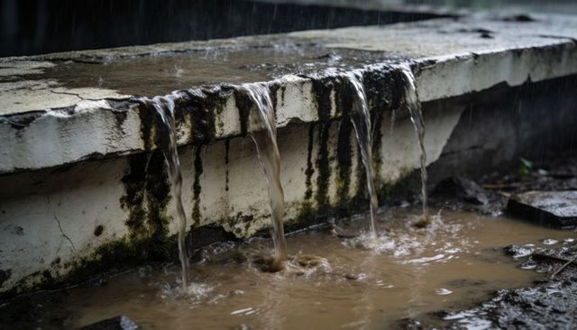 Heavy rainwater cascading over weathered concrete ledge causing muddy runoff and erosion
