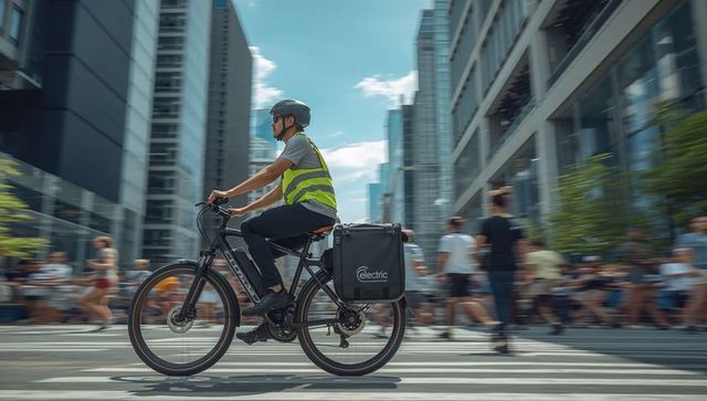 Urban e-bike courier delivering packages through downtown crosswalk wearing neon vest