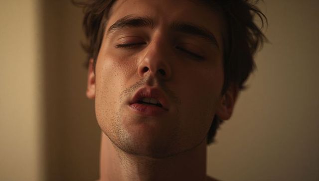 Breathing man tilting head back eyes closed stubble tousled hair warm closeup portrait