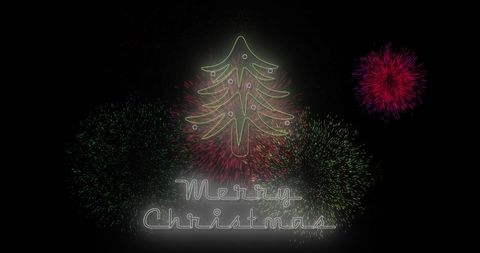 Neon Christmas Tree and Fireworks Celebrating Holiday Season
