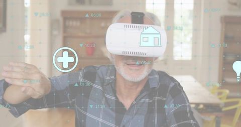 Senior wearing VR headset interacting with virtual health and smart home interface